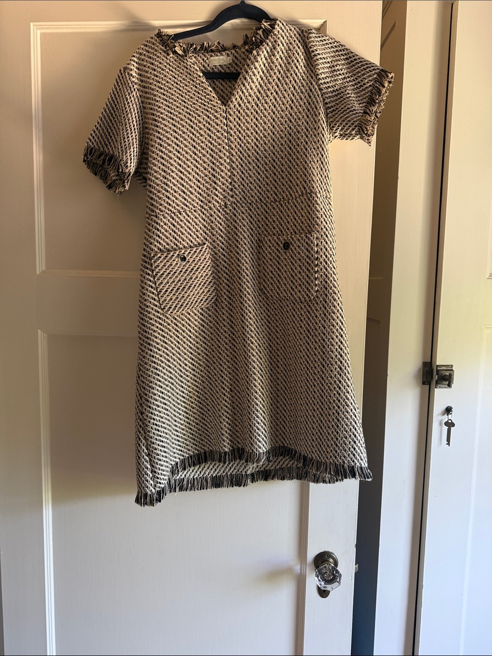 Spartina 449 Cream and Black Tweed Shift Dress with Fringe